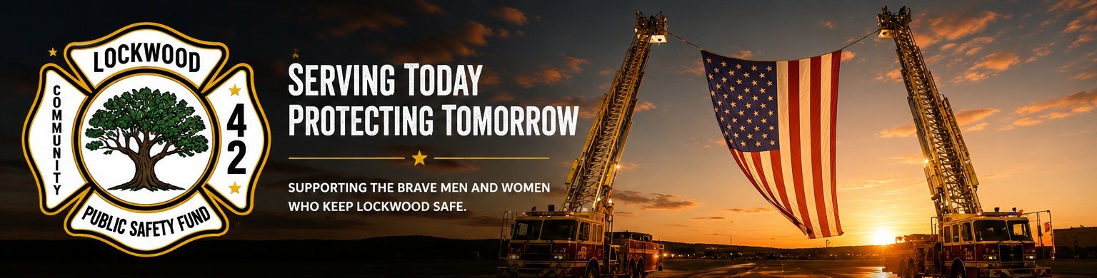 Serving today, protecting tomorrow — supporting the brave men and women who keep Lockwood safe. Two ladder trucks raise an American flag at sunset beside the Fund's badge.