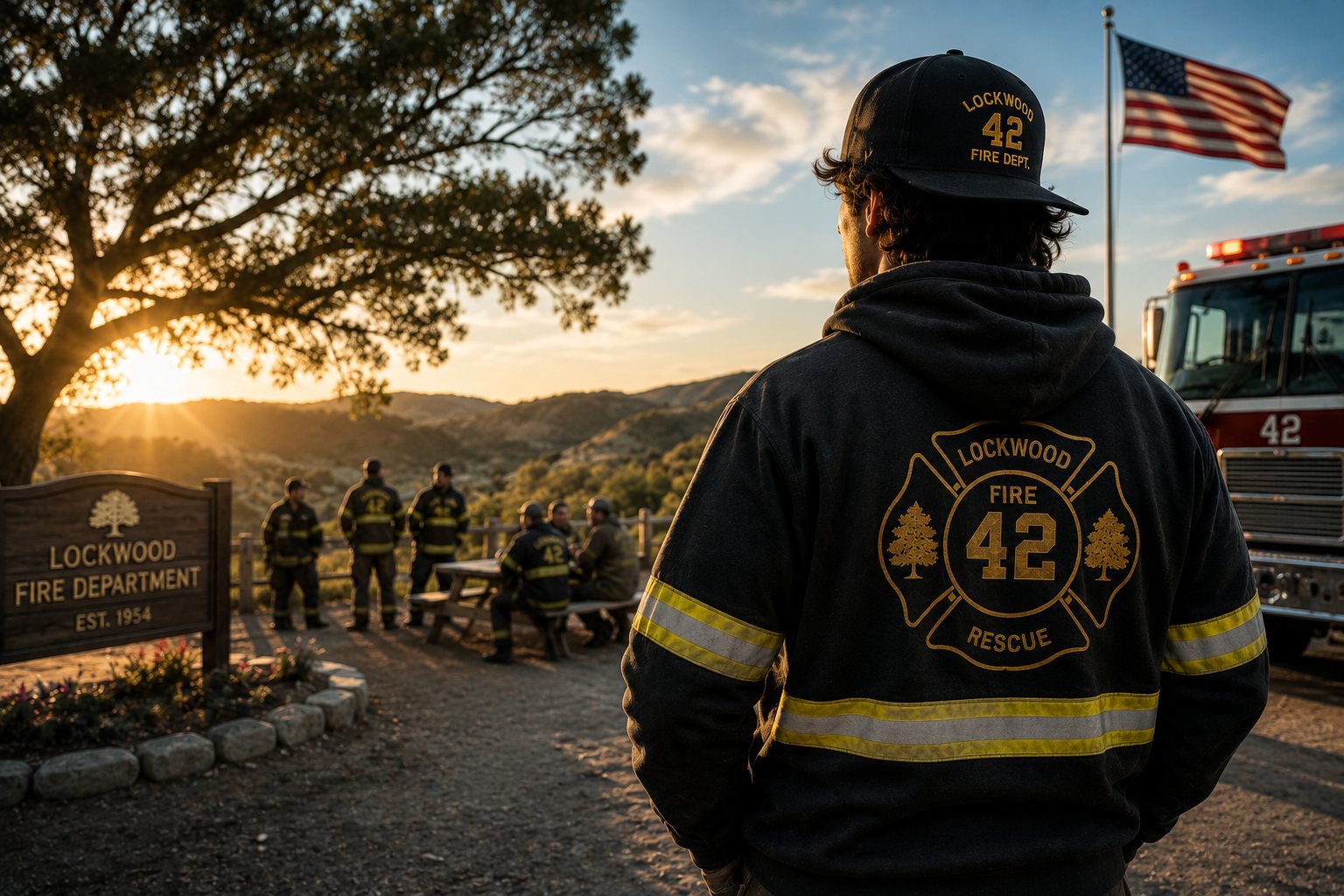 A Lockwood firefighter in a Fire-Rescue 42 hoodie watches the crew and engine at the station as the flag flies at sunset.
